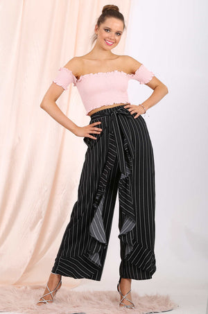 MISS PINKI Laila ruffle pants in black stripe