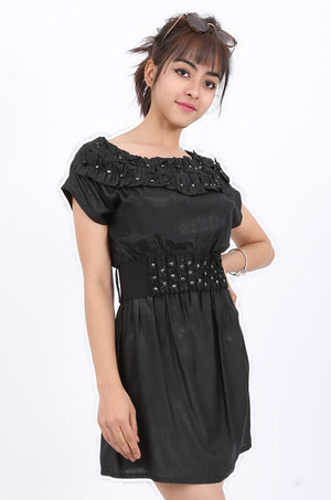 MISS PINKI Adeline embellished Satin Mini Dress with belt - black