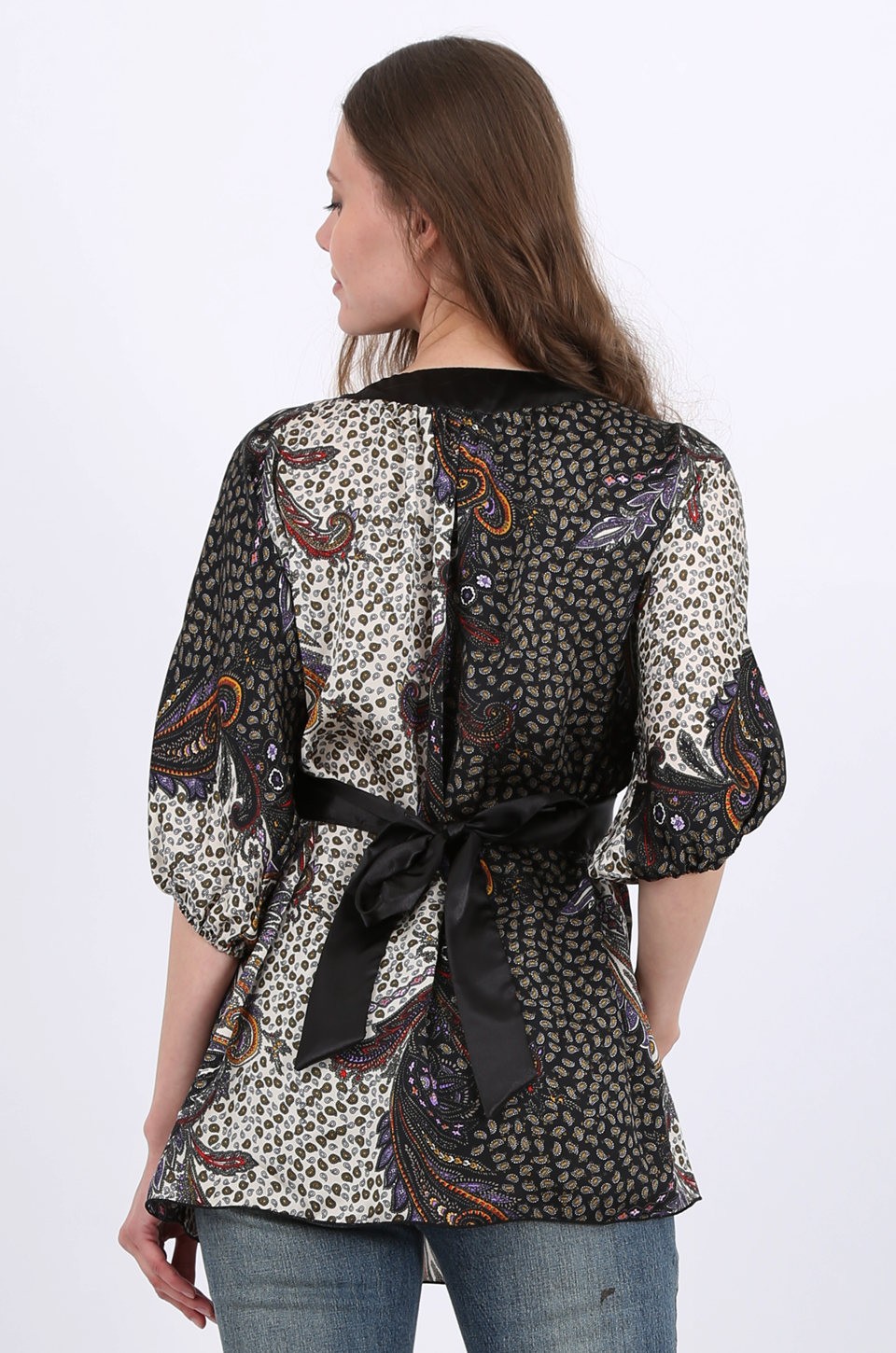 Evelyn Kimono Satin Top in black paisley print