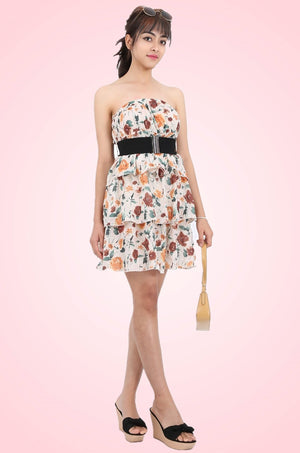 MISS PINKI Natalie boobtube dress in cream/brown floral