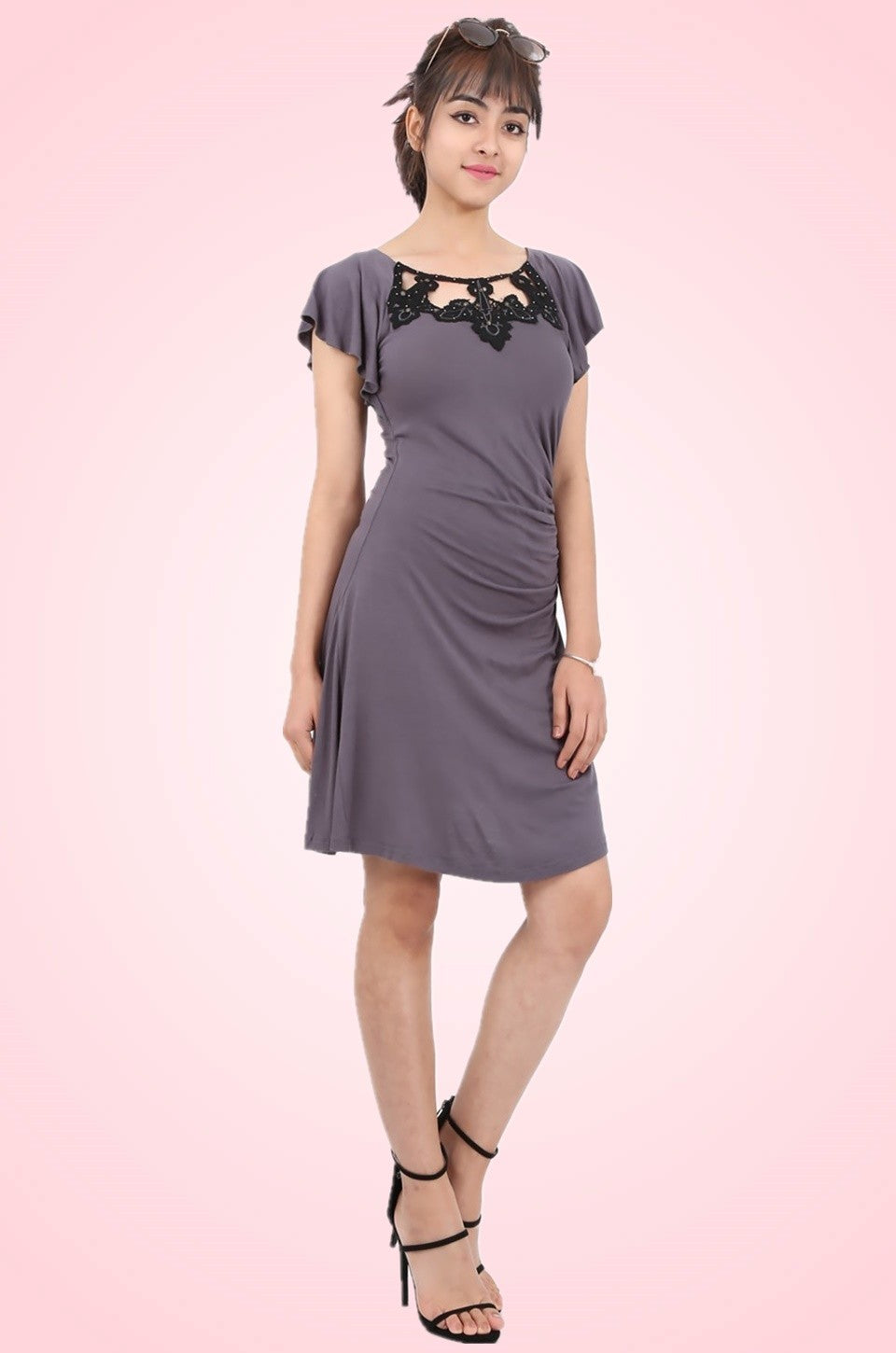 MISS PINKI Alice embroidery embellished Dress - Grey