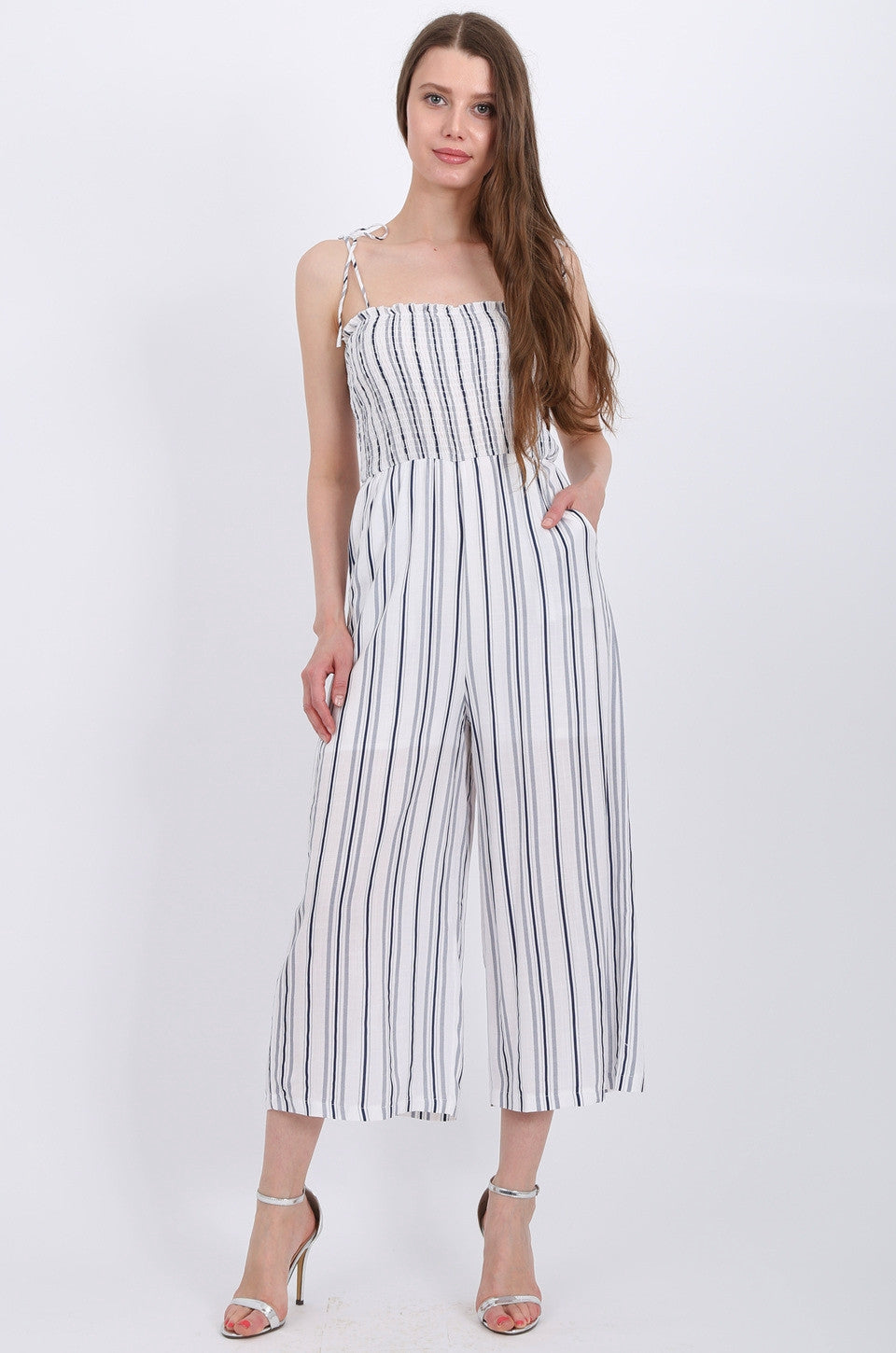 MISS PINKI Amaya Jumpsuit in White/blue stripe