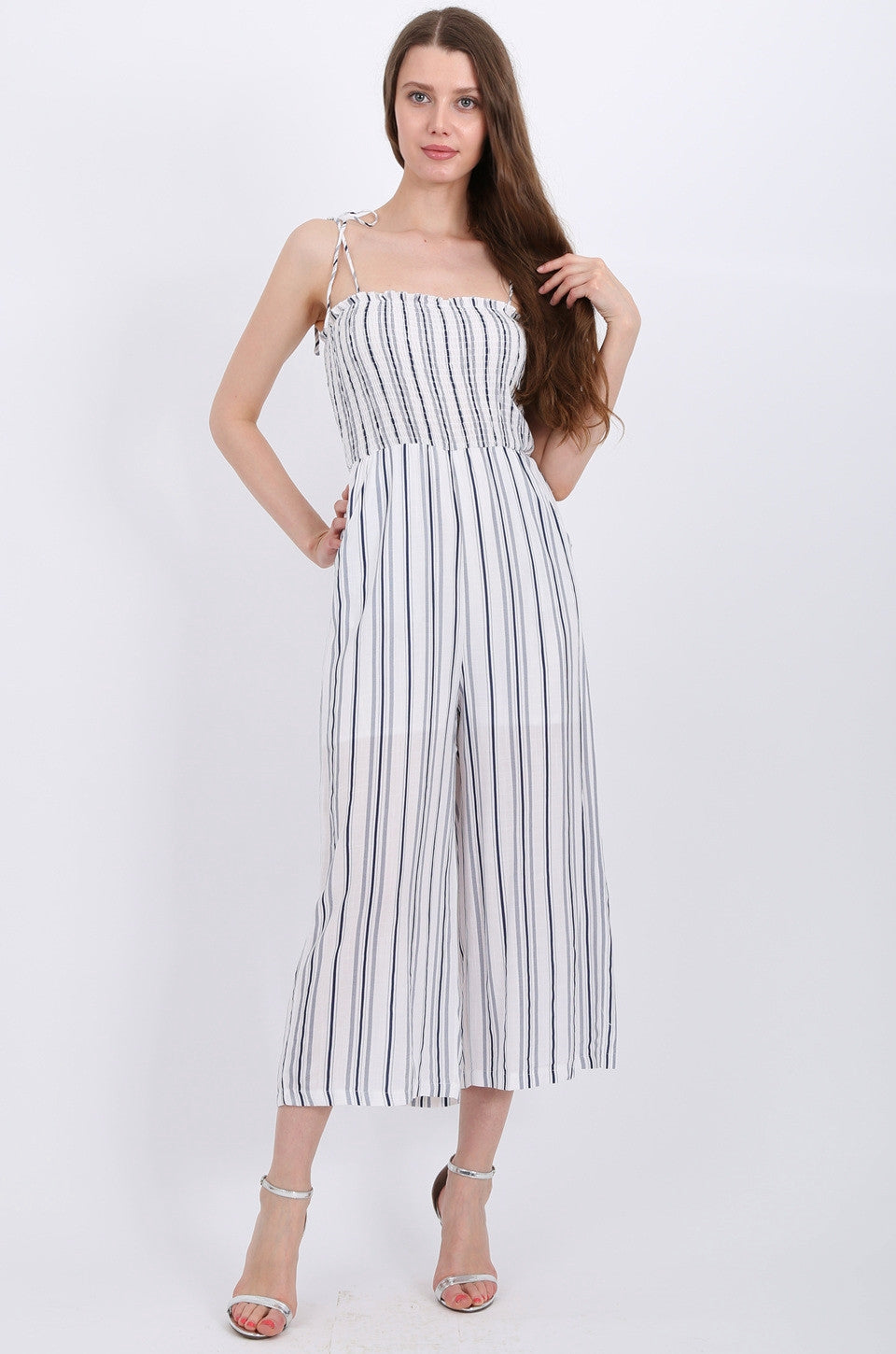 MISS PINKI Amaya Jumpsuit in White/blue stripe