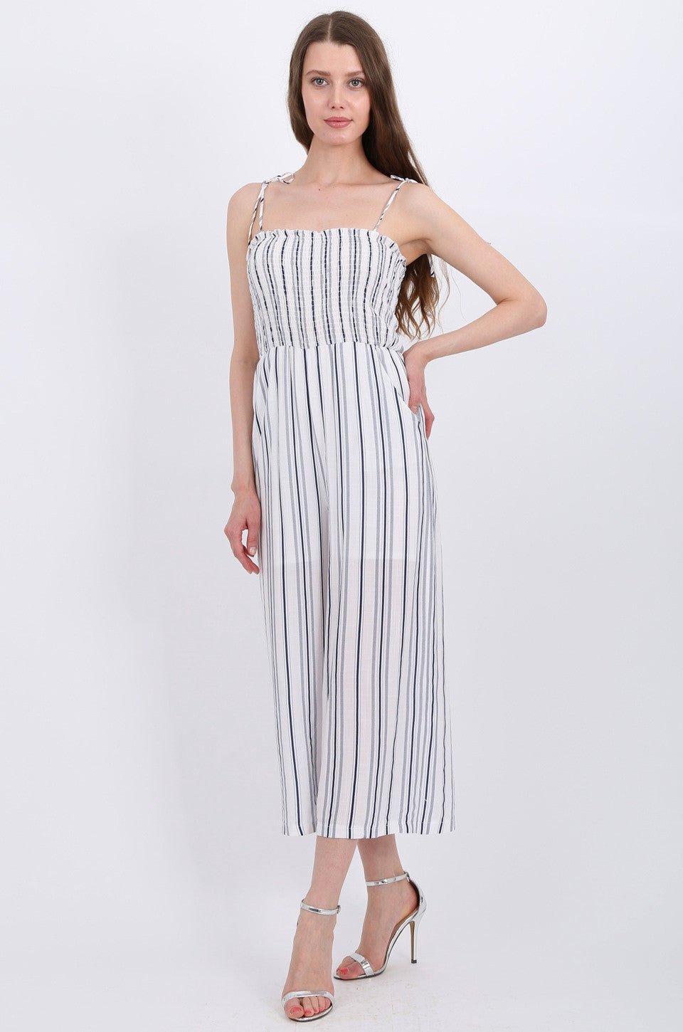 MISS PINKI Amaya Jumpsuit in White/blue stripe