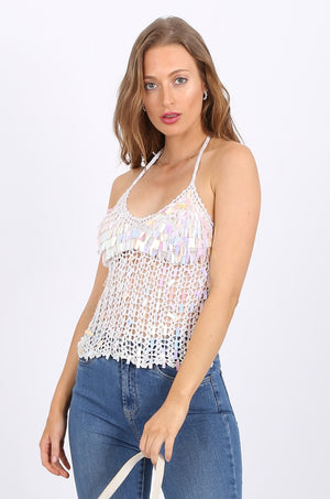 Rectangle Sequin Top in White