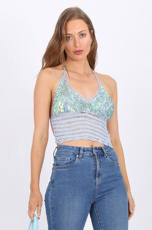 Tear Drop Sequin Top in Blue