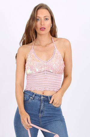 Tear Drop Sequin Top in Pink