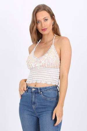 Tear Drop Sequin Top in White