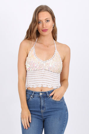 Tear Drop Sequin Top in White