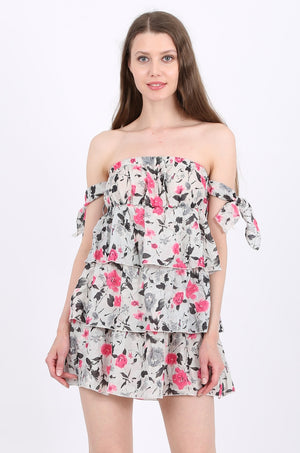 MISS PINKI Brielle tiered off shoulder Mini Dress in pink floral