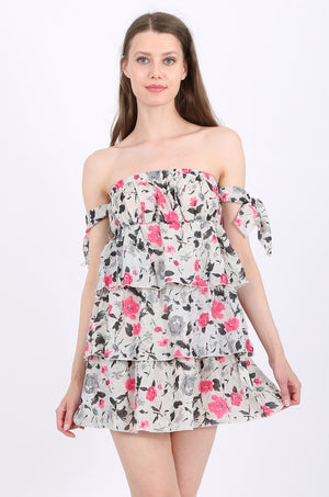 MISS PINKI Brielle tiered off shoulder Mini Dress in pink floral