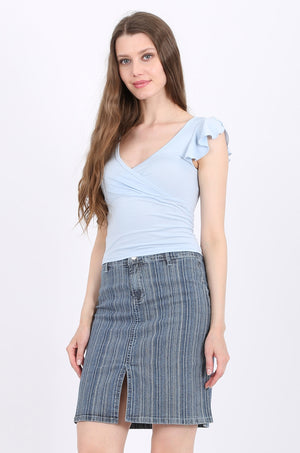 MISS PINKI Gemma knee length denim skirt in blue