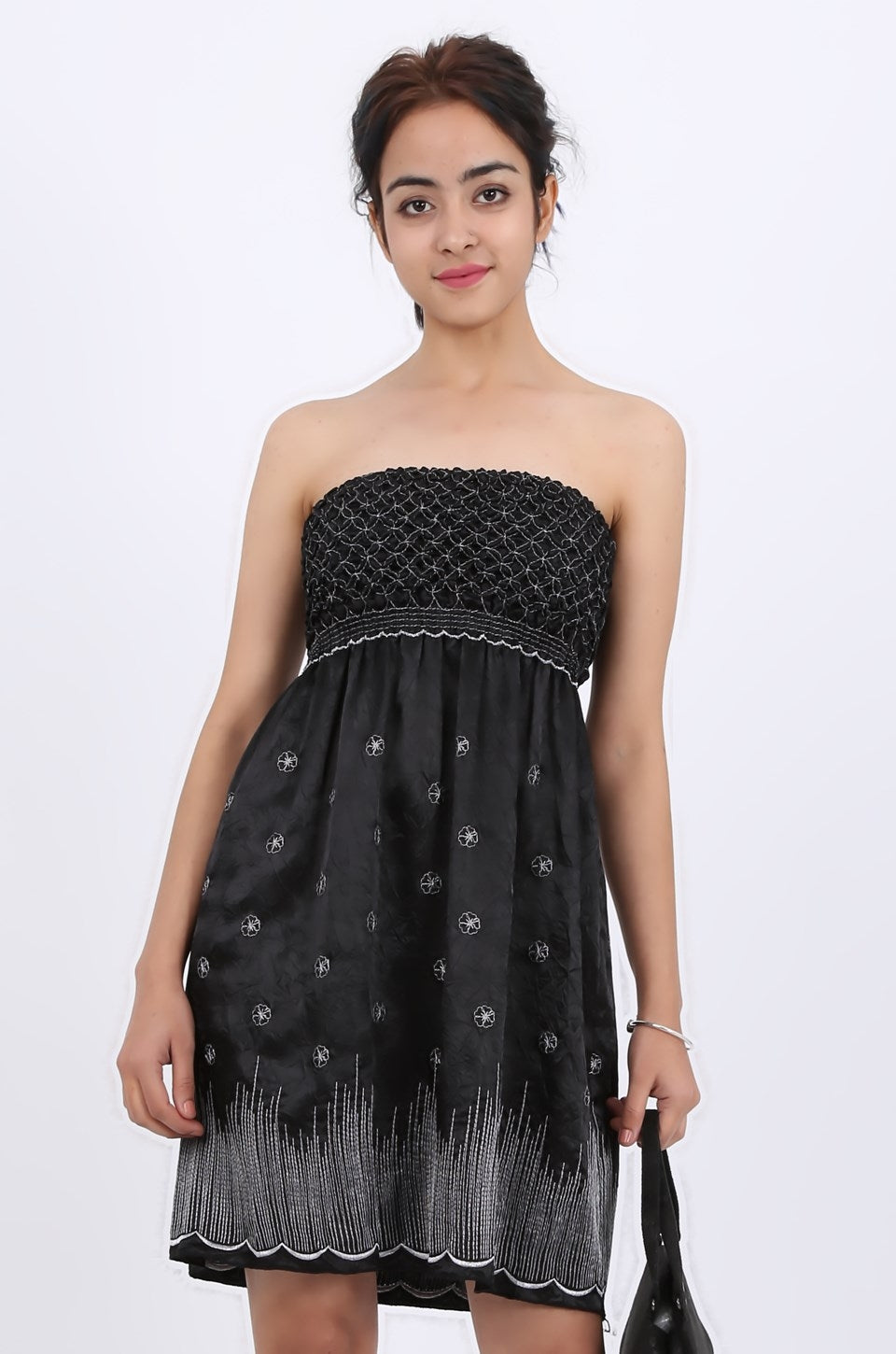 MISS PINKI Maya boobtube embroidery satin dress in black