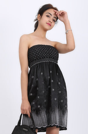 MISS PINKI Maya boobtube embroidery satin dress in black