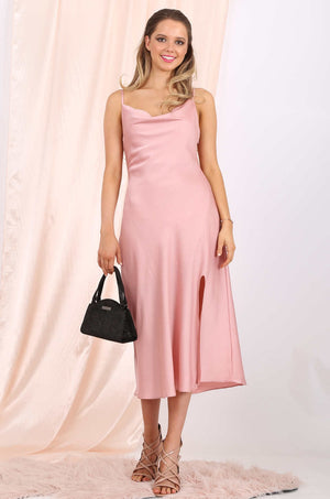 MISS PINKI Juliette satin midi cocktail party slip dress in pink