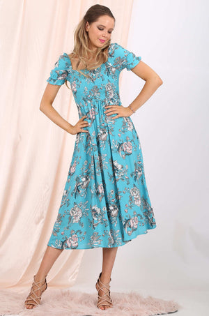 MISS PINKI Elise off shoulder midi dress floral dress in aqua blue