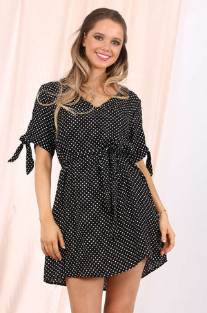 MISS PINKI Lucia georgette dress in polka dots - black