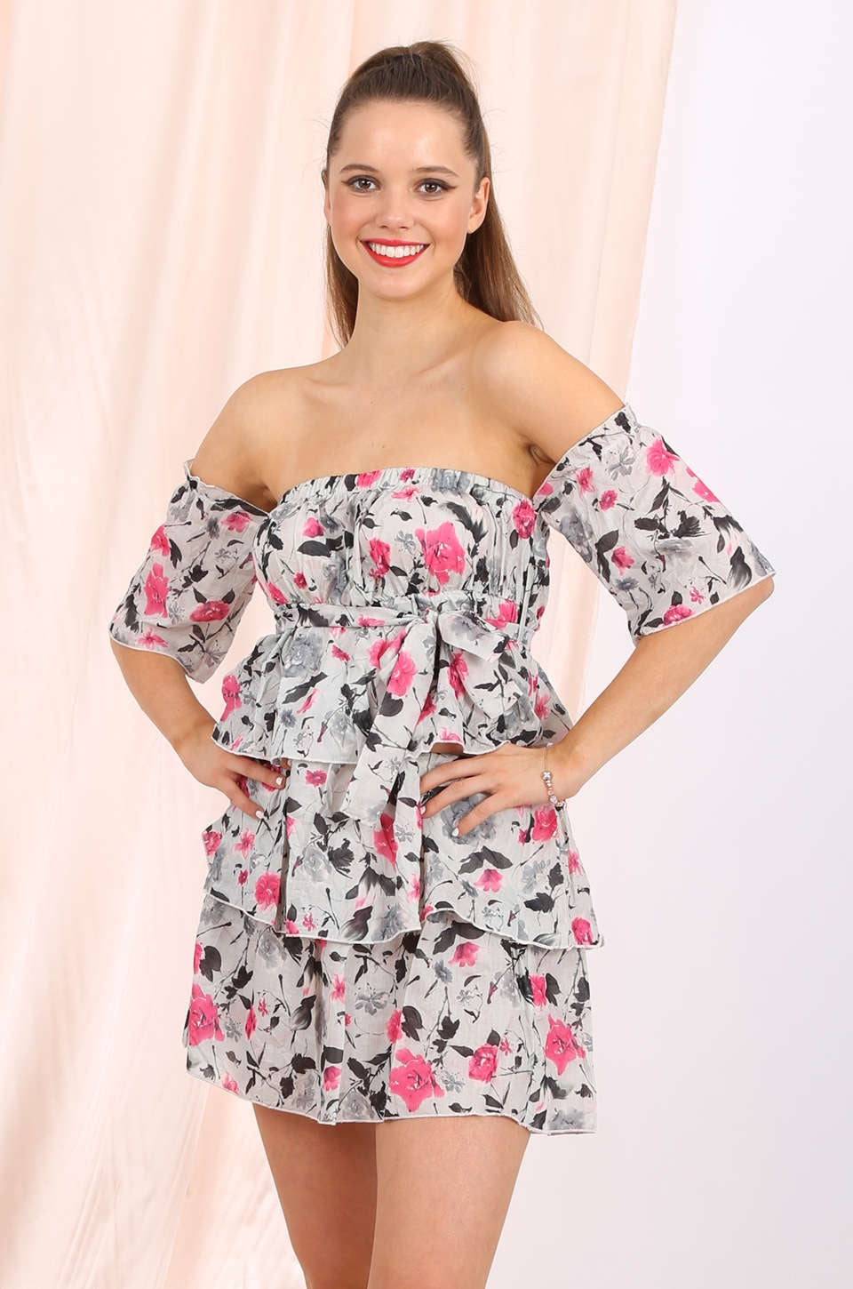 MISS PINKI Daisy off shoulder tiered mini dress in pink floral