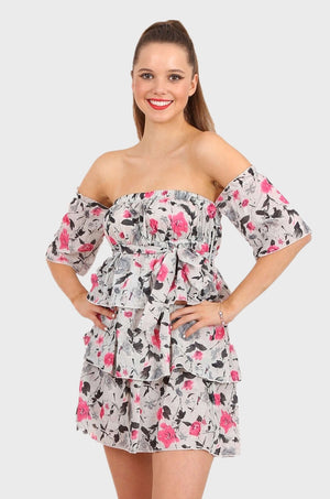 MISS PINKI Daisy off shoulder tiered mini dress in pink floral