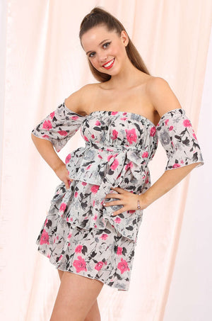 MISS PINKI Daisy off shoulder tiered mini dress in pink floral