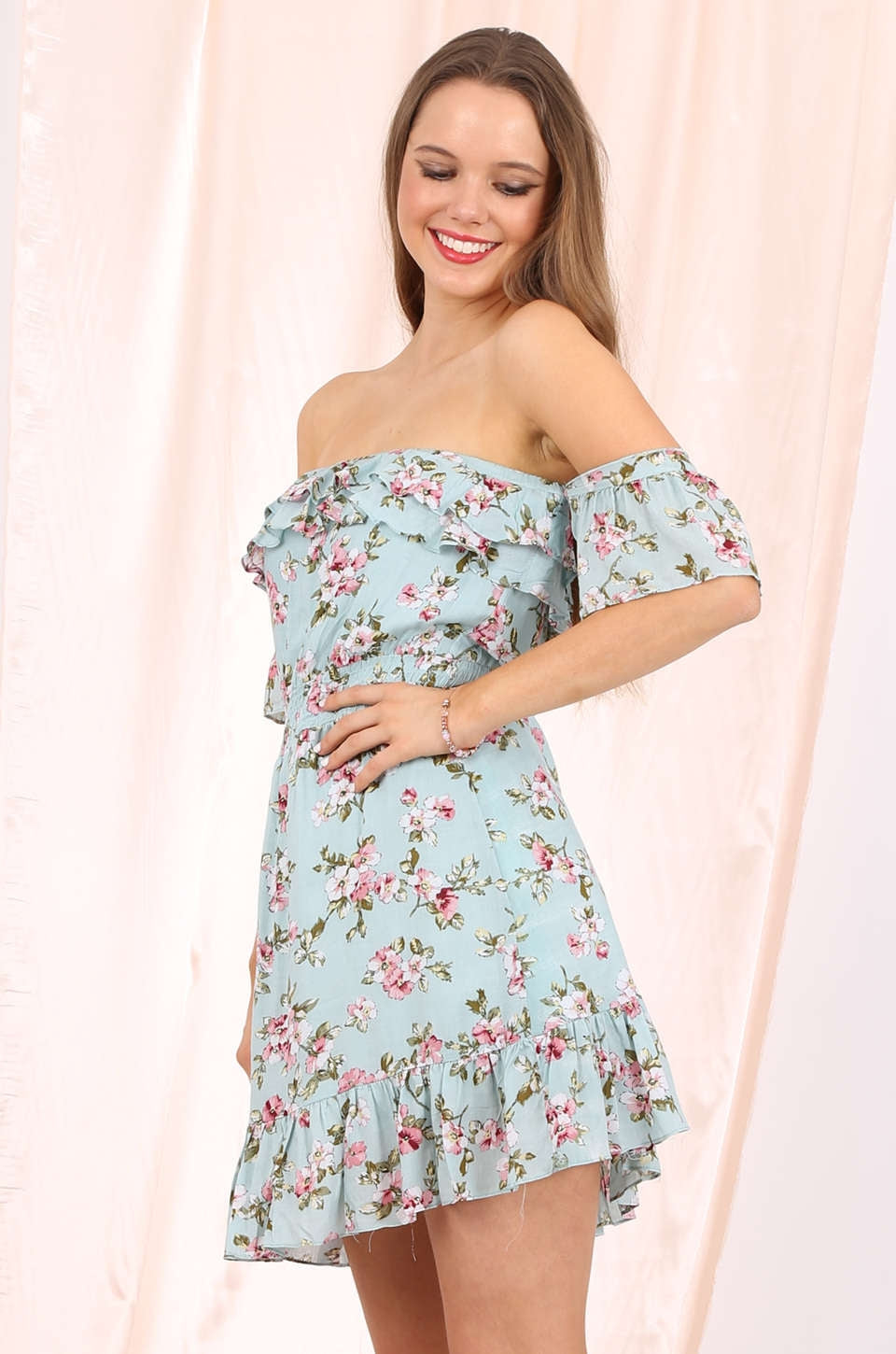 MISS PINKI Katherine off shoulder frill dress in mint floral