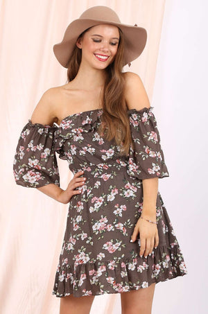 MISS PINKI Aliyah off shoulder frill mini dress in khaki floral