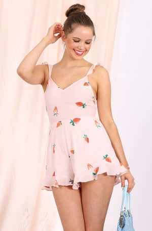 MISS PINKI Averie ruffle playsuit in stawberry print - pink