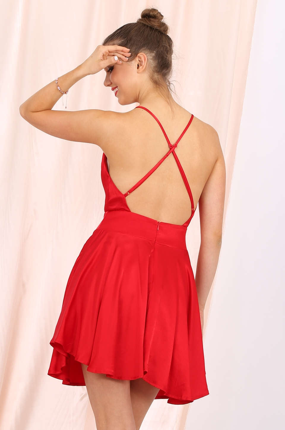 MISS PINKI Madilyn satin flare party cocktail dress in red