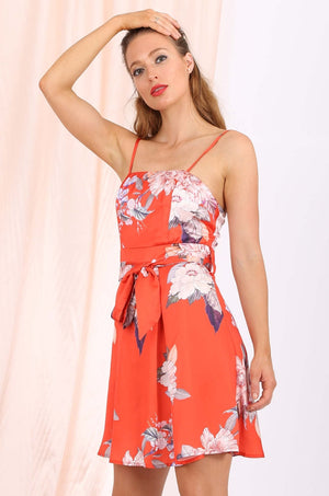 MISS PINKI Isalel cami satin party cocktail Dress in orange floral