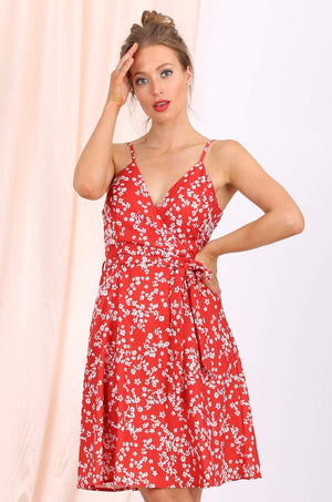 MISS PINKI Raelynn Floral Satin Party Dress in Red Ditsy