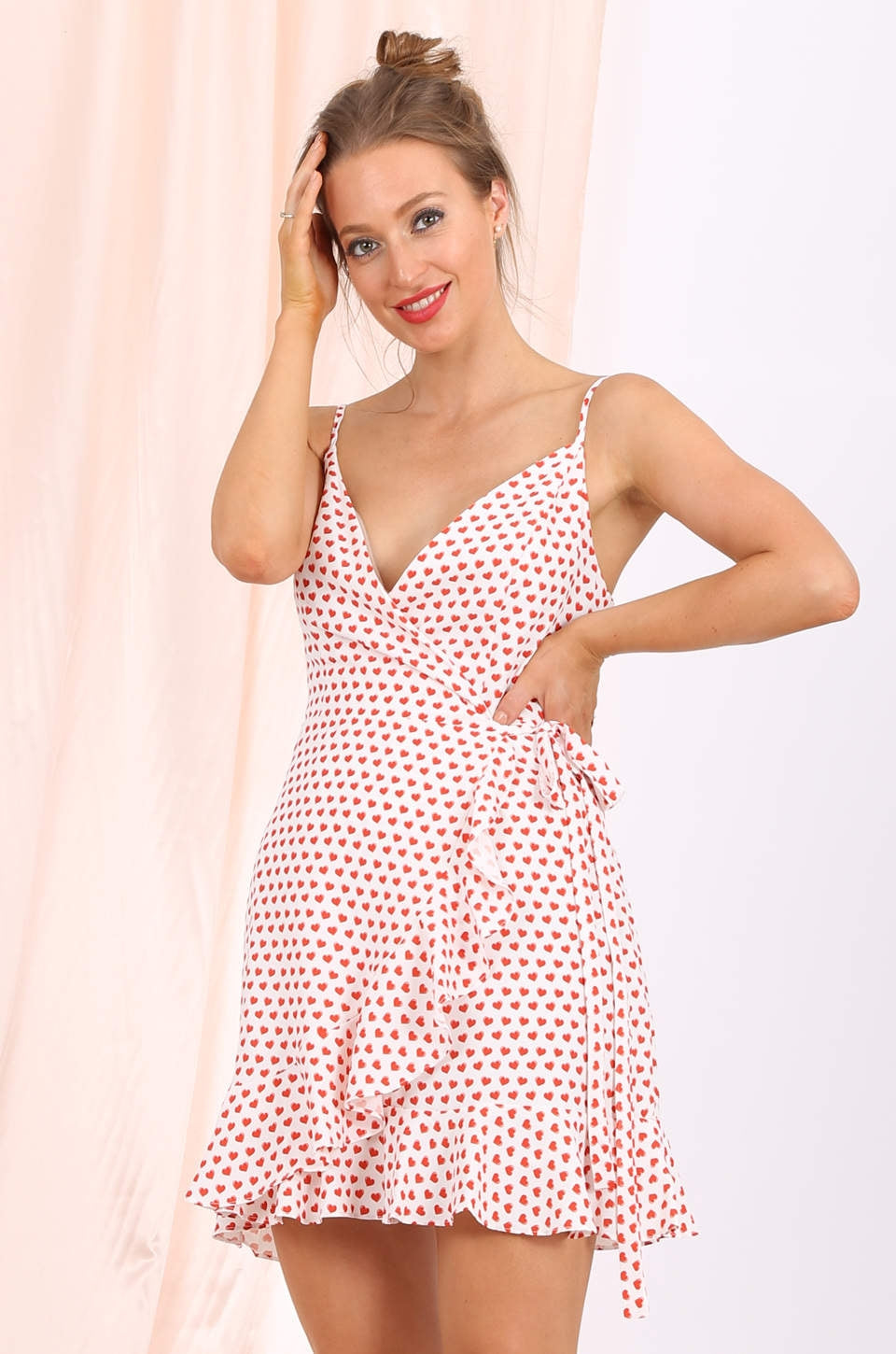 MISS PINKI Leilani ruffle red-heart print Wrap dress in white