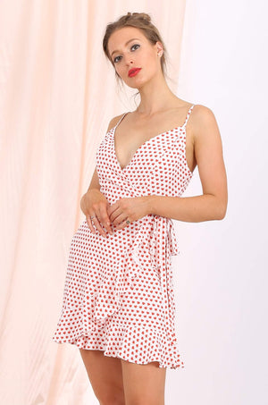 MISS PINKI Leilani ruffle red-heart print Wrap dress in white