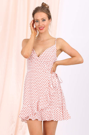 MISS PINKI Leilani ruffle red-heart print Wrap dress in white