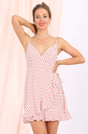 MISS PINKI Leilani ruffle red-heart print Wrap dress in white