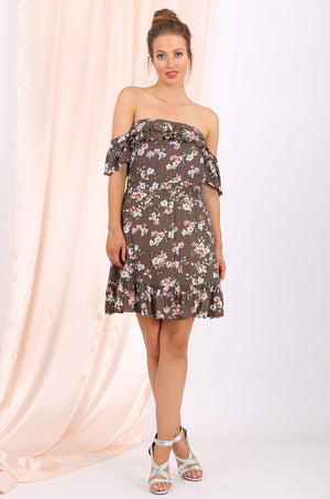 MISS PINKI Katherine frill off shoulder sundress in mocha floral