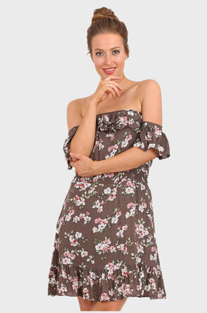 MISS PINKI Katherine frill off shoulder sundress in mocha floral