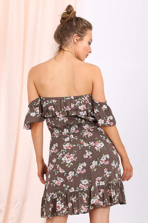 MISS PINKI Katherine frill off shoulder sundress in mocha floral