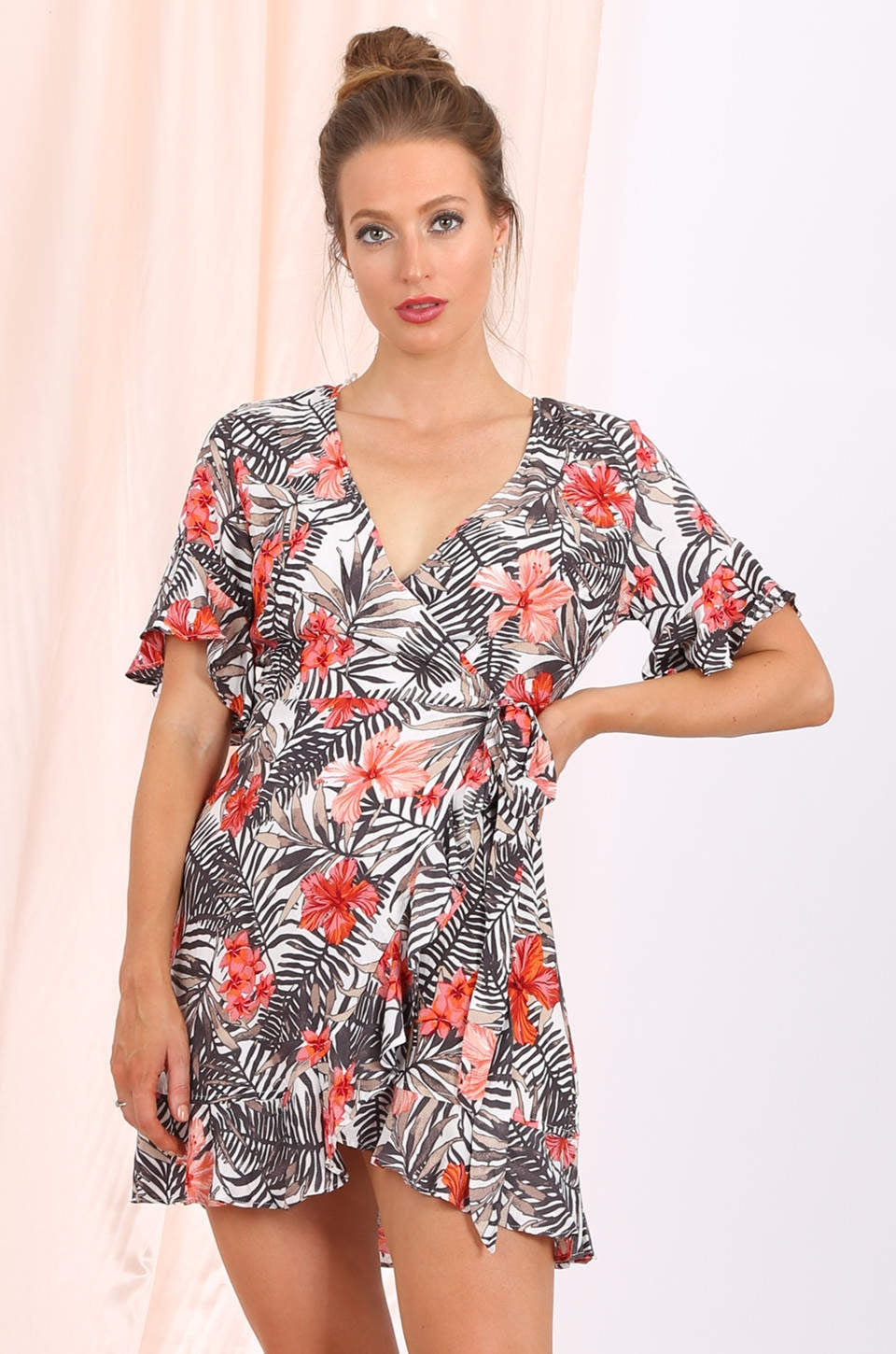 MISS PINKI Aaliyah ruffle wrap dress in tropical floral