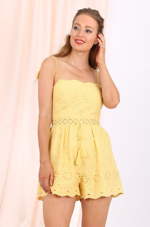 MISS PINKI Aviana lace insert broidery spaghetti Playsuit - yellow