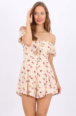 MISS PINKI Vivian Chiffon playsuit in beige/pink floral