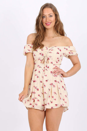 MISS PINKI Vivian Chiffon playsuit in beige/pink floral