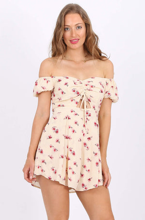 MISS PINKI Vivian Chiffon playsuit in beige/pink floral