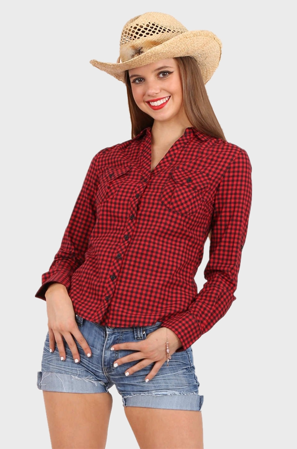 MISS PINKI Talia long sleeve cow girl shirt check shirt - red