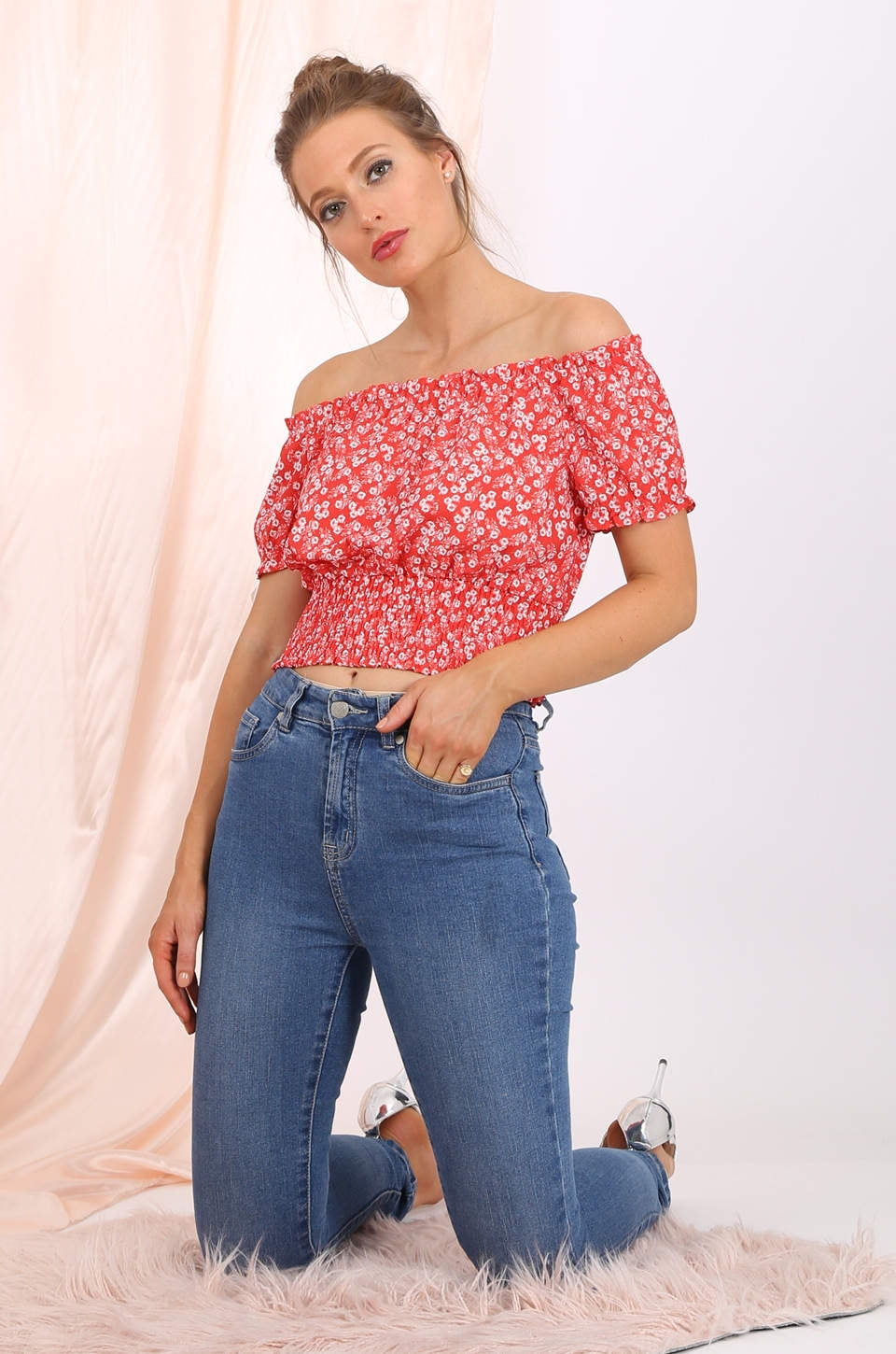 Willow off shoulder cropped top  in red