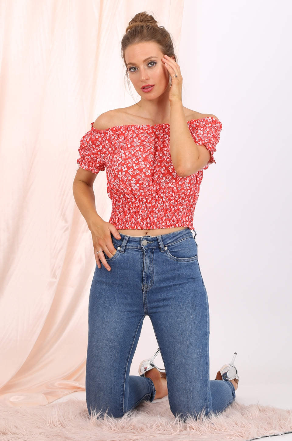 Willow off shoulder cropped top  in red