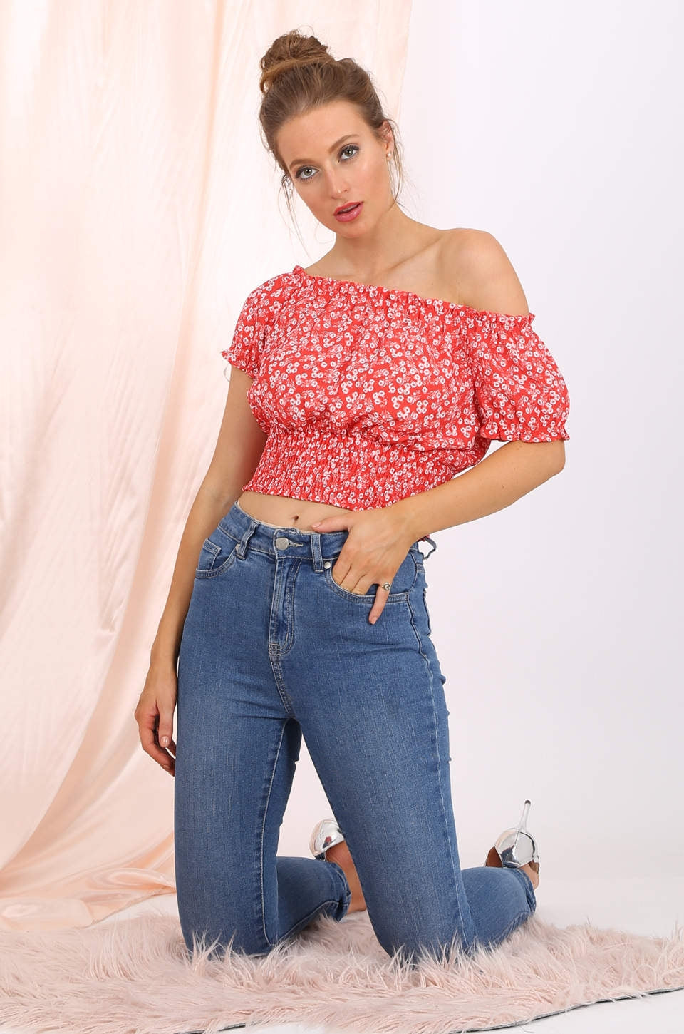 Willow off shoulder cropped top  in red