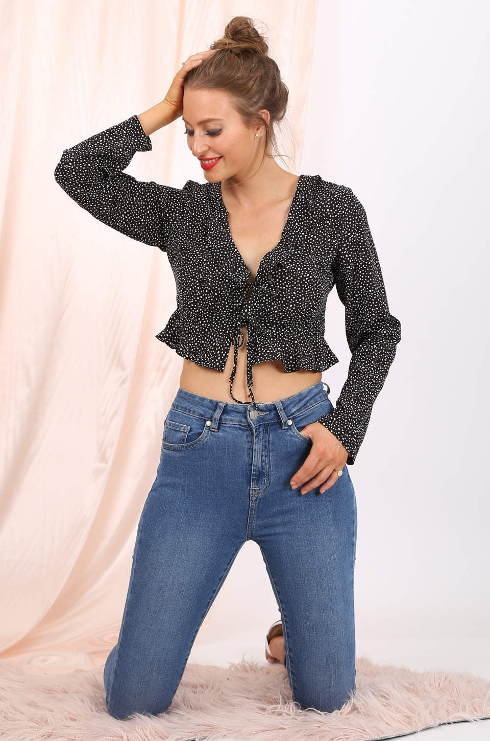 Lilly long sleeve cropped top  in black