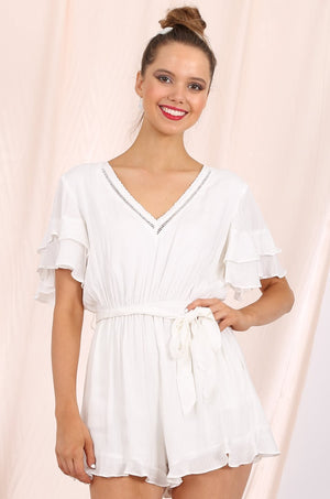 MISS PINKI Elisa ruffle sleeves Playsuit in white soft linen