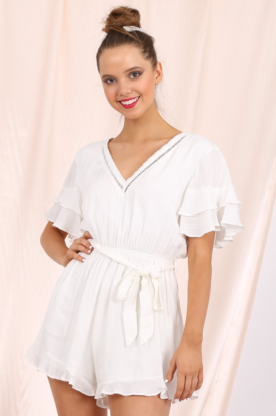 MISS PINKI Elisa ruffle sleeves Playsuit in white soft linen