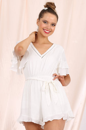 MISS PINKI Elisa ruffle sleeves Playsuit in white soft linen
